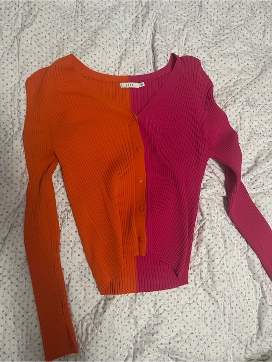 Lush Tops - Lush Two-Tone Orange and Fuchsia Ribbed Button-Up Top